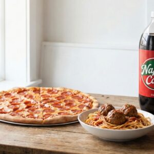 #4 - 14" Cheese Pizza + Spagheti And meatball + (1) 2 Liter Soda
