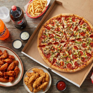 #12- 30" Pizza + 4 Toppings + 40 Wings + 20 fingers + Two Large Fries + Two 2 Liter Sodas