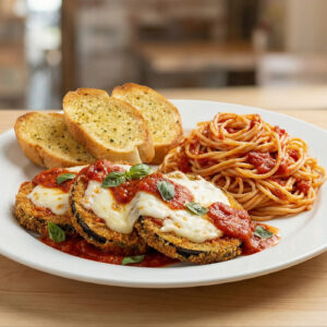 #12 - Eggplant Parmigiana Spaghetti + Garlic Bread + Can Soda