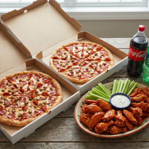 #15 -Two 18" Pizza + 2 Toppings + 40 Wings + (2) 2 Liter Soda